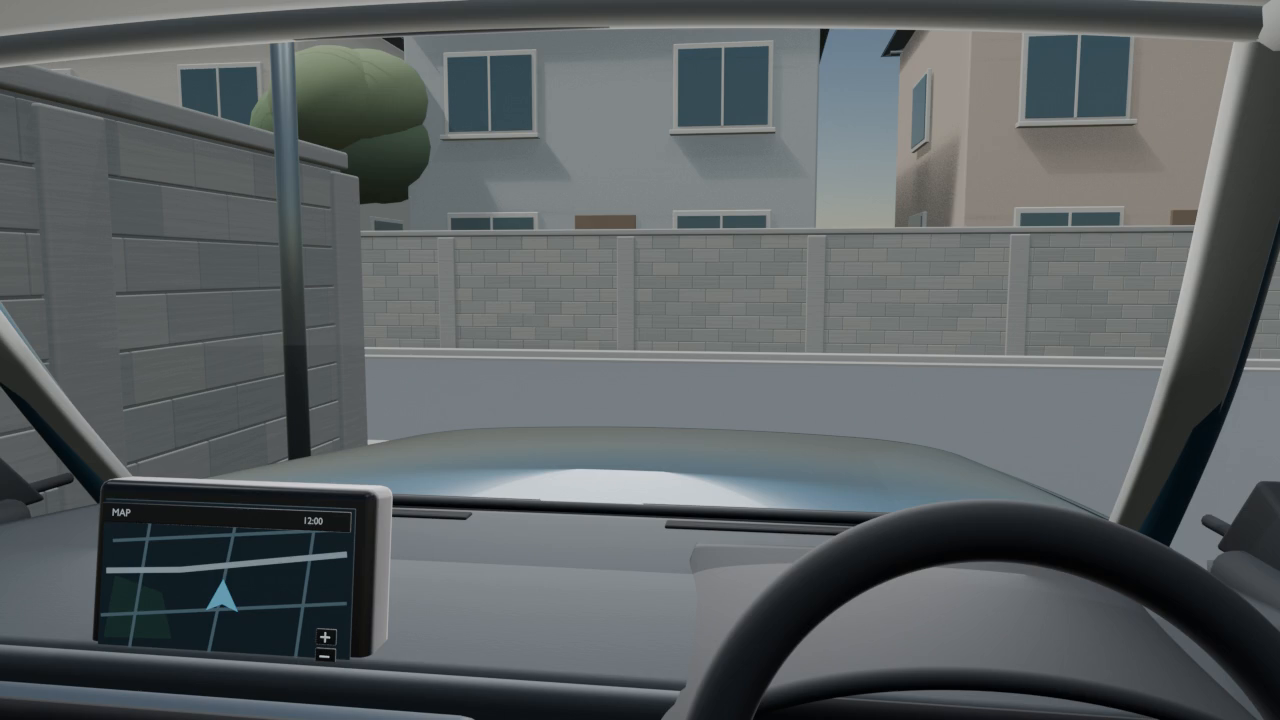 ブロック塀で左右が見えにくいT字路を運転席から見た映像